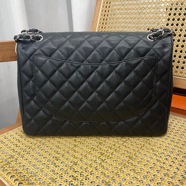 Chanel Classic Flap Maxi Black Caviar Leather Double Flap Sliver Hardware 2011-12