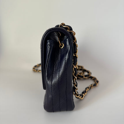 Chanel Vintage Classic Flap Mini Navy Lambskin Mega CC Logo 24k Gold HW, 1989-1991