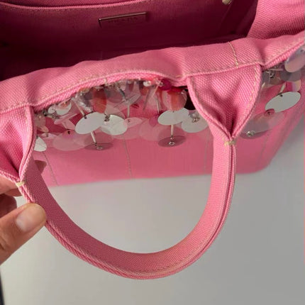 Prada Canape Small Pink Canvas with Sequins Top Handle Bag with Strap Rare