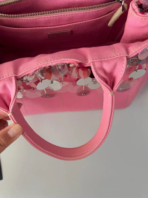 Prada Canape Small Pink Canvas with Sequins Top Handle Bag with Strap Rare