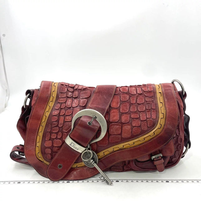 Dior Vintage Gaucho Large Red Leather Crocodile Embossed Crossbody Bag-Luxbags