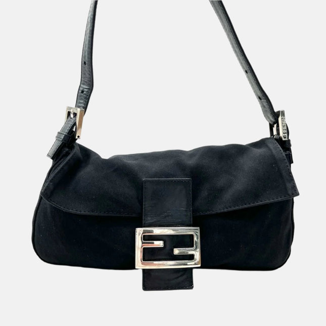 FENDI Baguette Vintage Black Cloth Silver Hardware-Luxbags