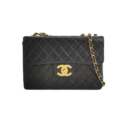 Chanel Classic Flap Large 1994 Vintage Black Lambskin Leather 24k Gold Plated Mega CC Logo-Luxbags