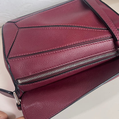 Loewe Puzzle Mini Burgundy Calfskin Leather Crossbody Bag