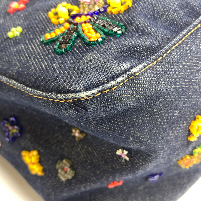 FENDI Mamma Baguette Blue Denim with Floral Beads Vintage