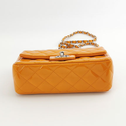 Chanel Classic Flap Mini Orange Patent Leather Silver Hardware