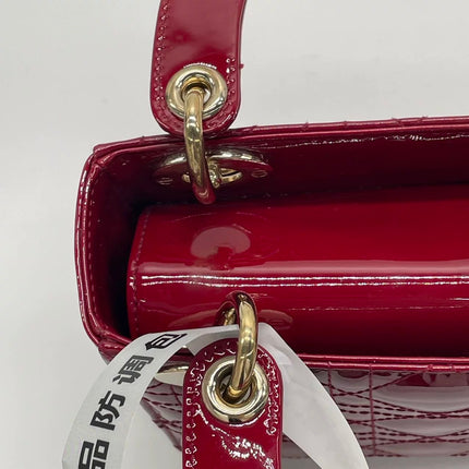 Lady Dior Mini 2020 Red Burgundy Patent Leather Gold Hardware Suede Interior Chain Strap
