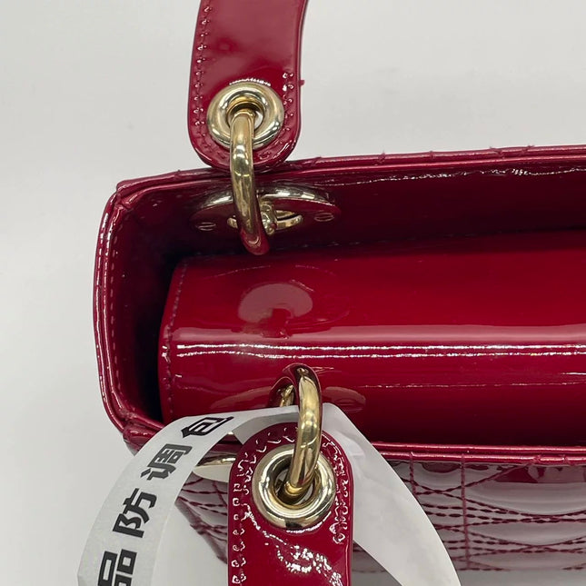 Lady Dior Mini 2020 Red Burgundy Patent Leather Gold Hardware Suede Interior Chain Strap