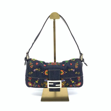 Fendi Baguette Denim with Floral Beads 25 Anniversary Special Collection-Luxbags