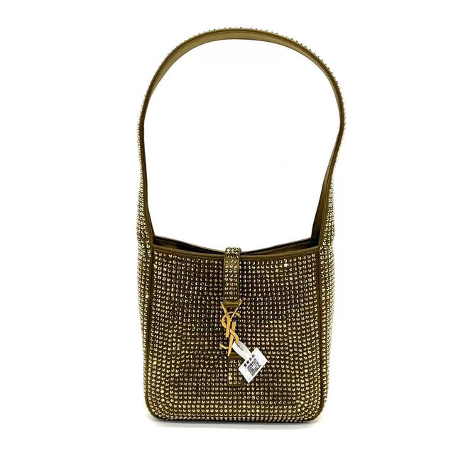 Yves Saint Laurent YSL Le 5 A 7 Hobo Mini Brown Silk Crystals Shoulder Bag-Luxbags