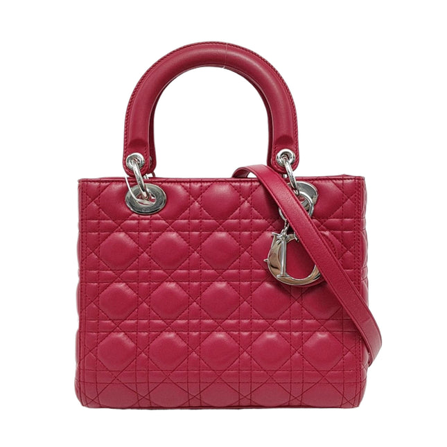 Lady Dior Medium Red Lambskin Leather Gold Hardware Leather Strap-Luxbags
