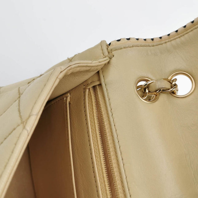 Sold Chanel Classic Flap Medium Happy Stitch Beige Leather with Contrast Black Trim