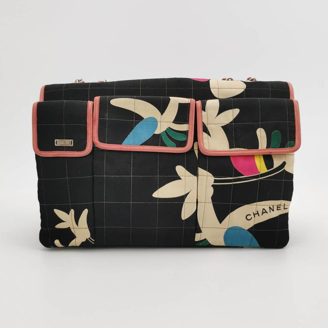 Chanel 2.55 Flap Bag Vintage Chocolate Bar Multipocket 2000 Large Black Fabric with Bird Print