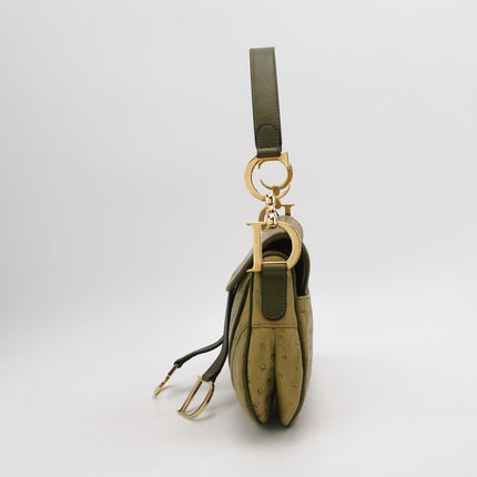 Dior Vintage Double Saddle Green Ostrich Leather Gold Hardware