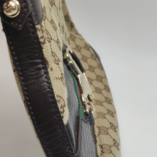 Gucci Large Vintage Brown Monogram and Leather Side Horsebit Shoulder Bag
