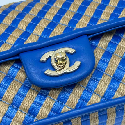 Chanel Mini Raffia Jute Striped Flap Bag Blue Diamond Wild Stitch