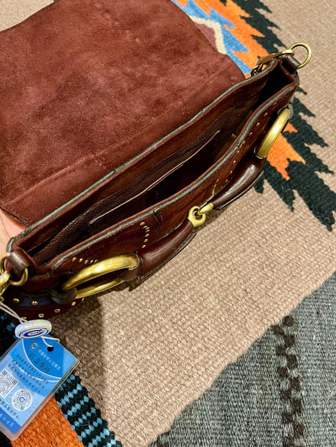 Gucci Horsebit 1955 Chain Vintage Shoulder Bag Brown Studded Suede Leather