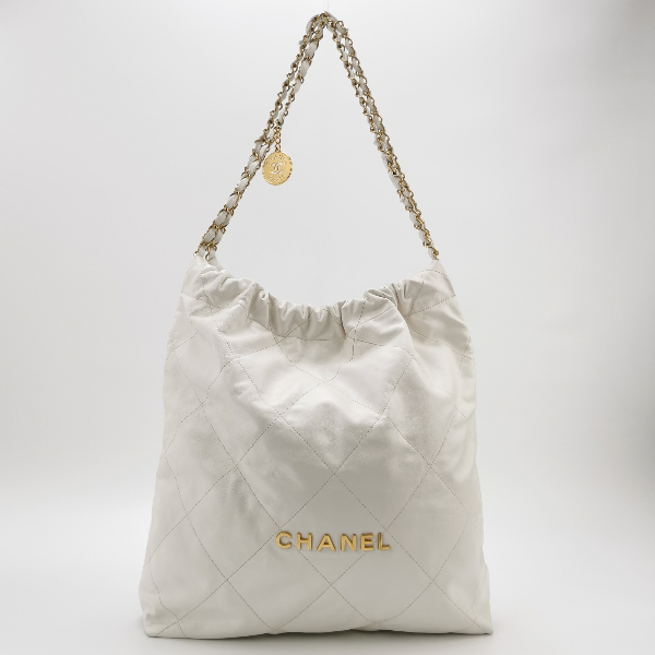 Sold Chanel 22 Hobo Bag Medium Shiny Calfskin Leather White with Gold-tone Hardware