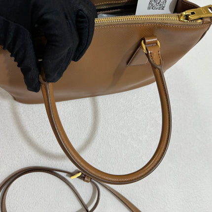Prada Galleria Saffiano Leather Small Tan Brown Handbag with Strap 25cm