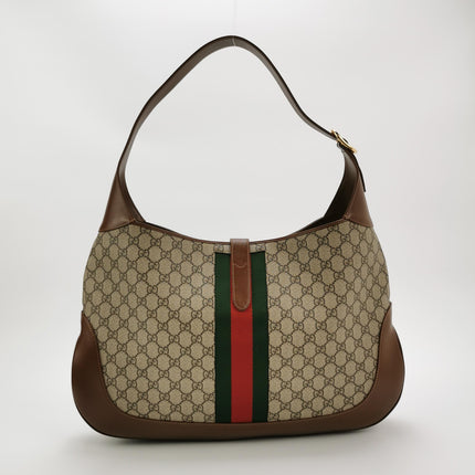 Gucci Jackie 1961 Large Brown Leather and Monogram Web with Long Strap