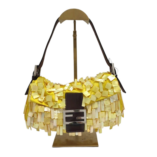 Fendi Baguette Yellow Silk with Mother-of-pearl Sequins Rare-Luxbags