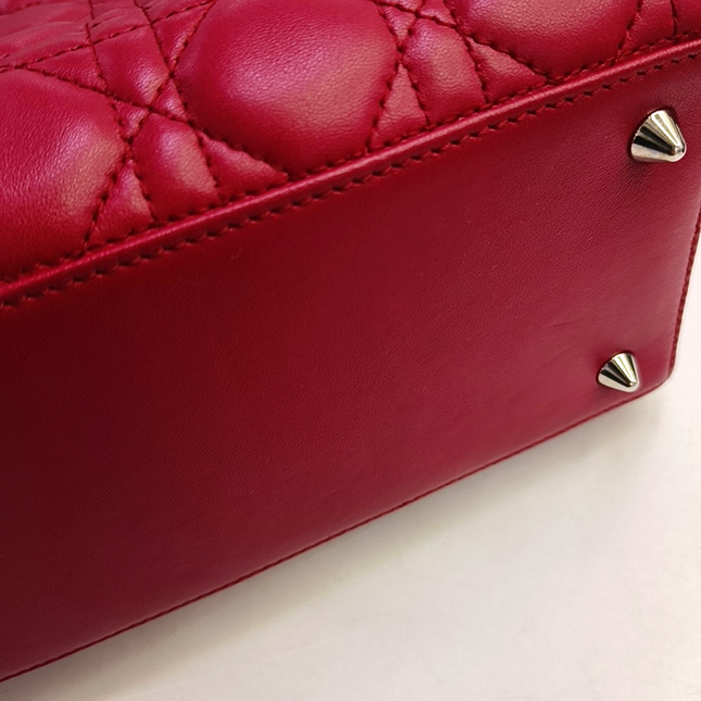 Lady Dior Medium Red Lambskin Leather Gold Hardware Leather Strap