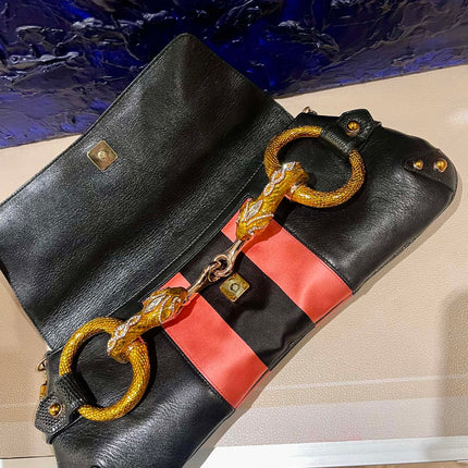 Gucci Horsebit 1955 Large Black Leather Embellished Snake Head Buckle
