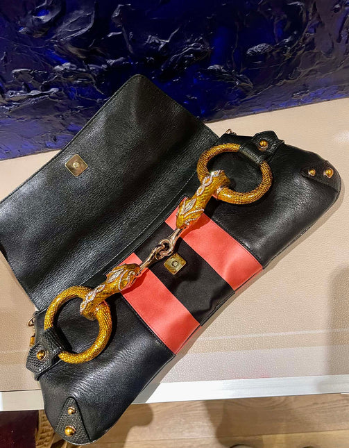 Gucci Horsebit 1955 Large Black Leather Embellished Snake Head Buckle