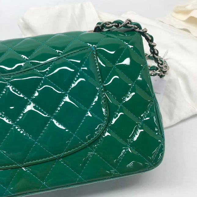 Chanel Classic Flap Medium Teal Blue Green Patent Leather Silver Hardware 2014-15