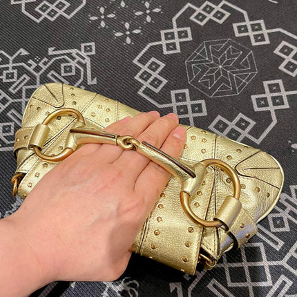 Sold Gucci Horsebit 1955 Chain Bag Pearlescent Gold Leather and Gold Studs