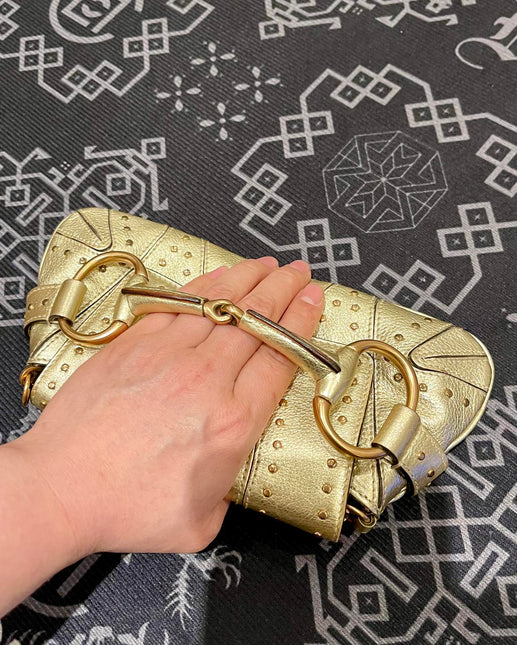 Sold Gucci Horsebit 1955 Chain Bag Pearlescent Gold Leather and Gold Studs