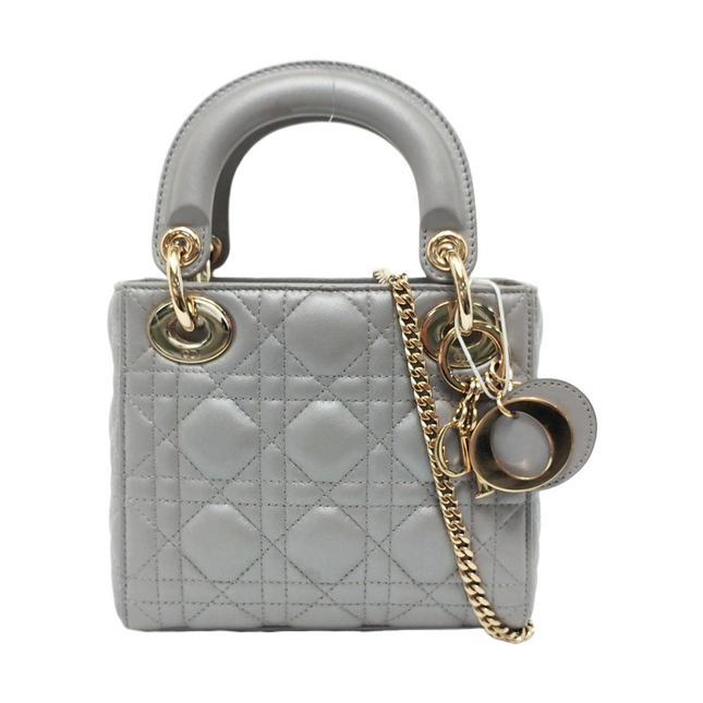 Lady Dior Mini Pearlescent Grey Cannage Lambskin Gold Hardware Chain Strap-Luxbags