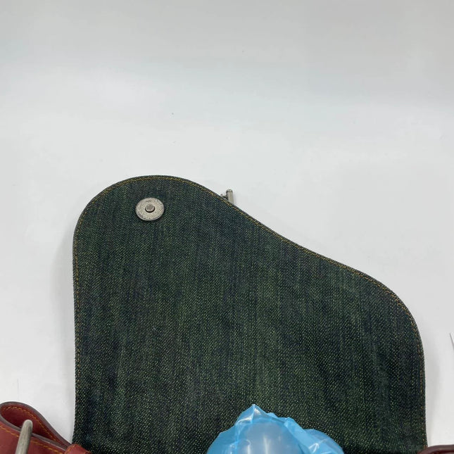 Dior Vintage Gaucho Mini Green Denim Burgundy Leather Crossbody Bag 2006