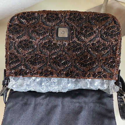 Fendi Mini Mamma Baguette Brown Glitter Beads Floral Embroidery