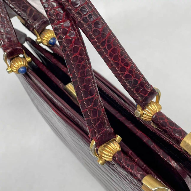 Gucci Vintage Burgundy Alligator Leather Blue Lapis Lazuli Stone Gold-tone Hardware Handbag
