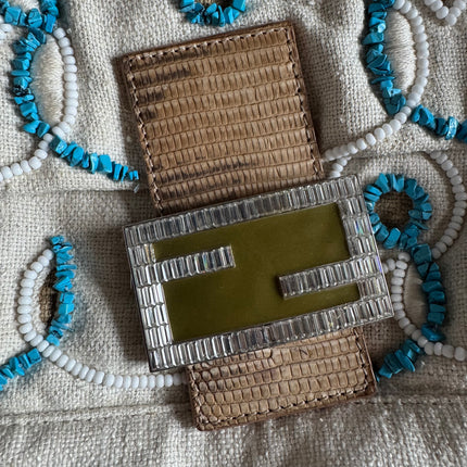 Fendi Mamma Baguette Needlepoint White Canvas and Blue and White Stones Embroidery