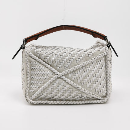 Loewe Puzzle Small Leather Woven Braided White Crossbody Bag