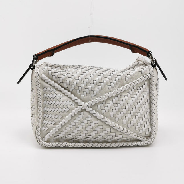 Loewe Puzzle Small Leather Woven Braided White Crossbody Bag
