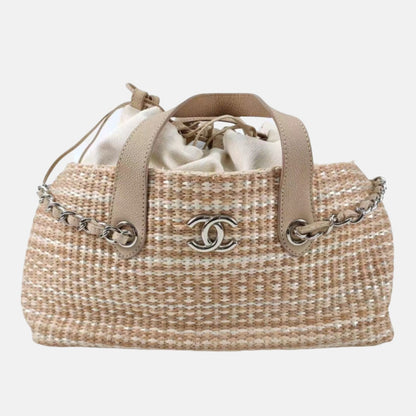 Chanel Deauville Chain Shoulder Bag Beige Raffia and Tweed-Luxbags