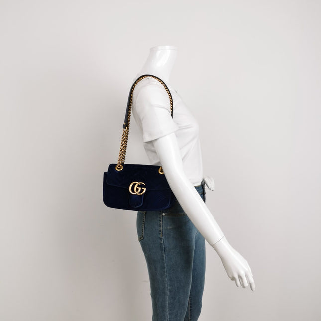 Gucci Marmont Mini Flap Navy Velvet Handbag