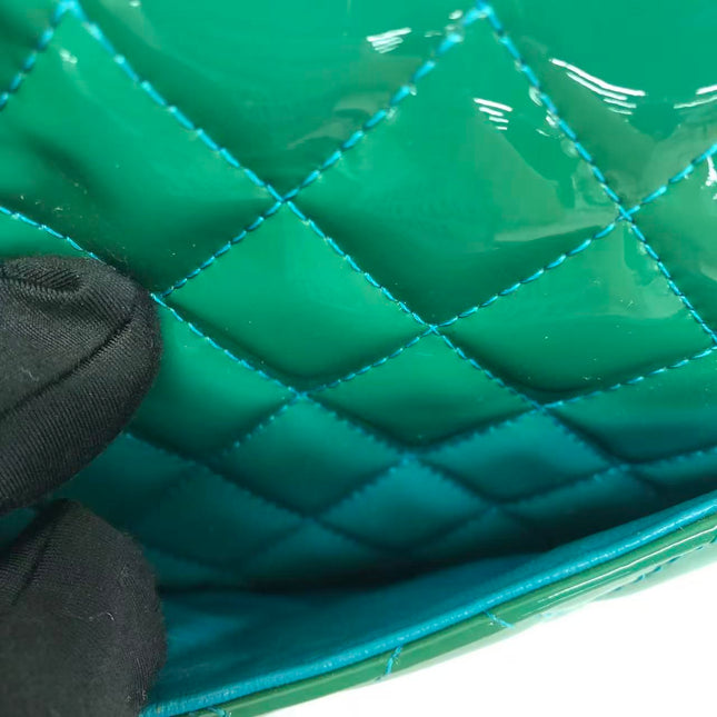 Chanel Classic Flap Medium Teal Blue Green Patent Leather Silver Hardware 2014-15