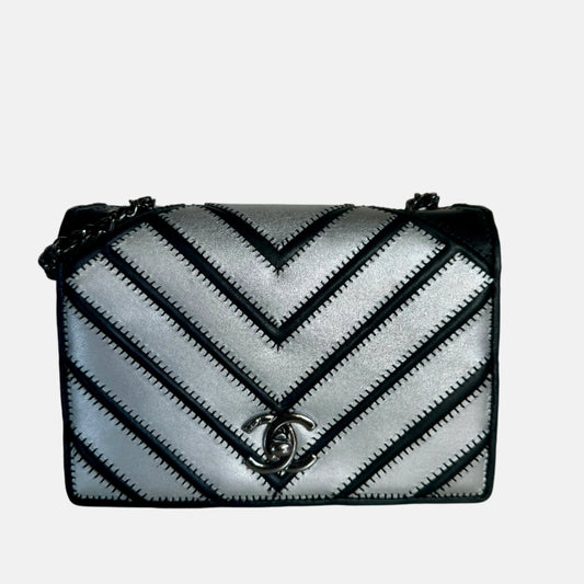 Chanel Lambskin Chevron Quilted Small Couture Flap Black Silver, 2016-2017-Luxbags