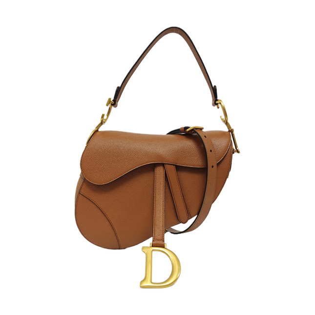 Dior Saddle 2022 Medium Tan Brown Grained Calfskin Leather Bag with Strap-Luxbags