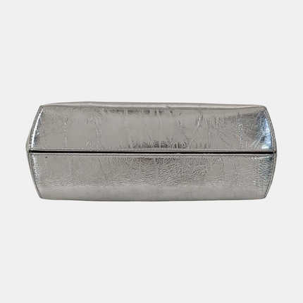 Fendi First Small Silver Shiny Calfskin Leather Clutch with Shoulder Strap