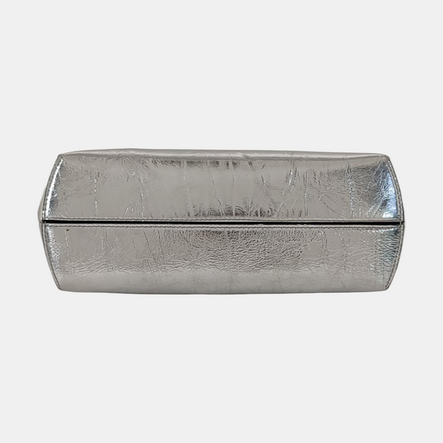 Fendi First Small Silver Shiny Calfskin Leather Clutch with Shoulder Strap