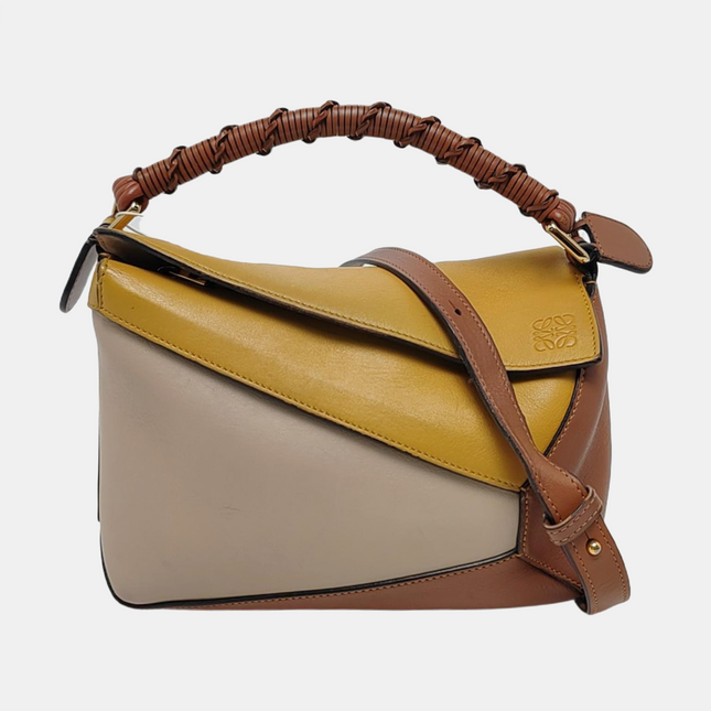 Loewe Puzzle Small Tricolor Tan Yellow Grey Braided Handle Crossbody Bag