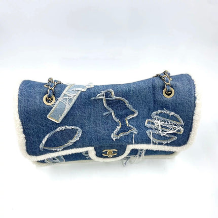 Chanel Blue Denim White Shearling Egyptian Hieroglyph Maxi Flap Bag Gold Hardware, 2019