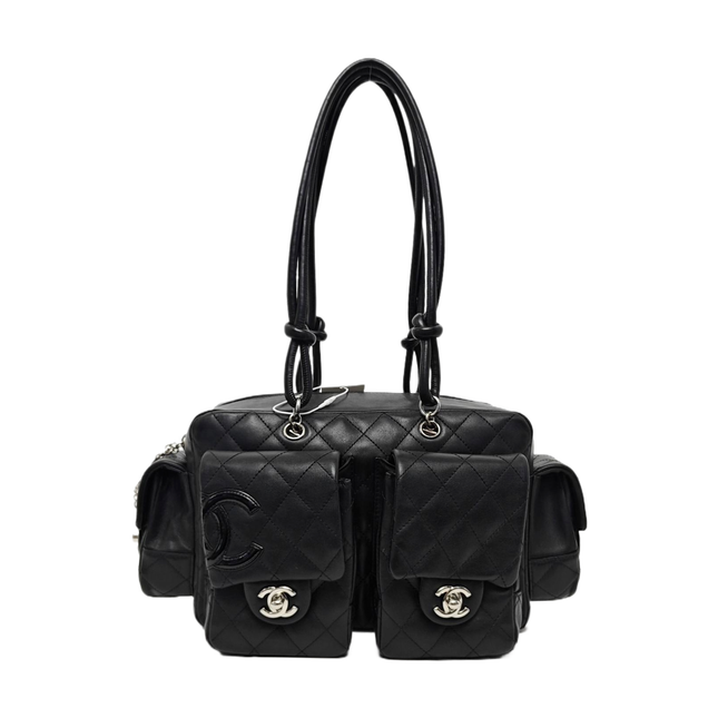 Chanel Cambon Multi-pocket Ligne Reporter Bag Medium Black CC on Black Calfskin Leather-Luxbags