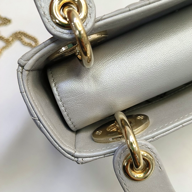 Lady Dior Mini Pearlescent Grey Cannage Lambskin Gold Hardware Chain Strap