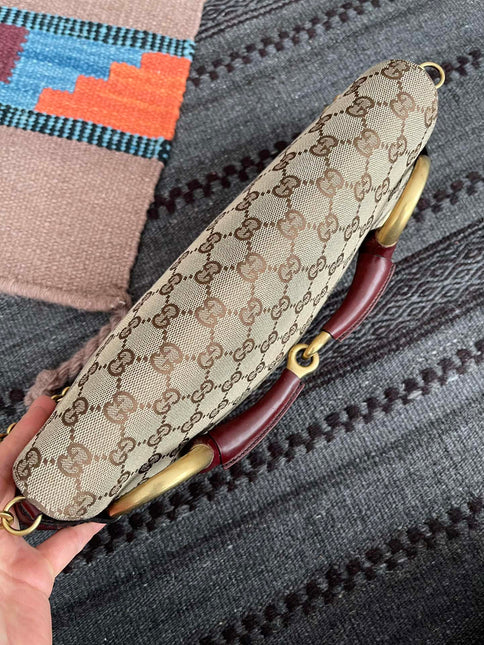 Gucci Horsebit 1955 Large Cloth Beige Monogram Burgundy Leather Shoulder bag